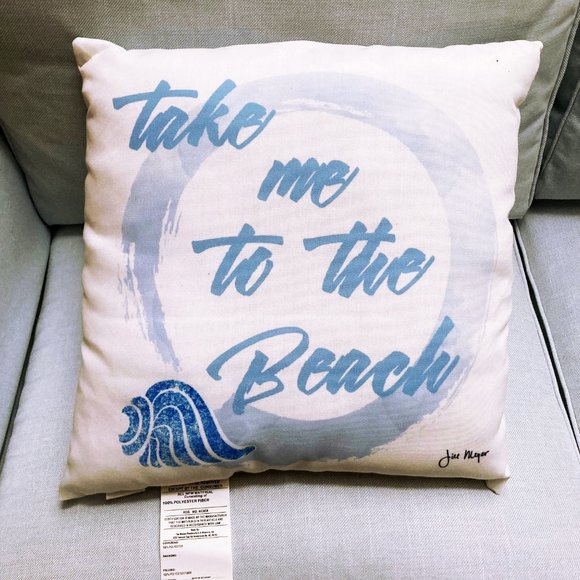 MWW, 18” x 18” Blue and White Beach Theme Throw Pillow “Take Me To The Beach” - Picture 1 of 3